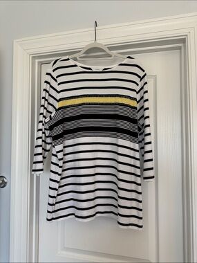 CJ Banks Womens Black & White Striped Long Sleeve Top Plus Size 1X Yellow Accent